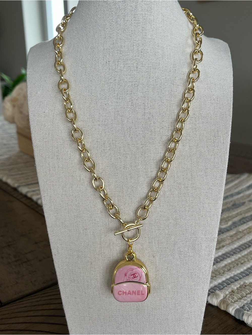 Authentic Chanel Upcycled Large 3D Pink Backpack Charm on 14k GP Toggle Necklace